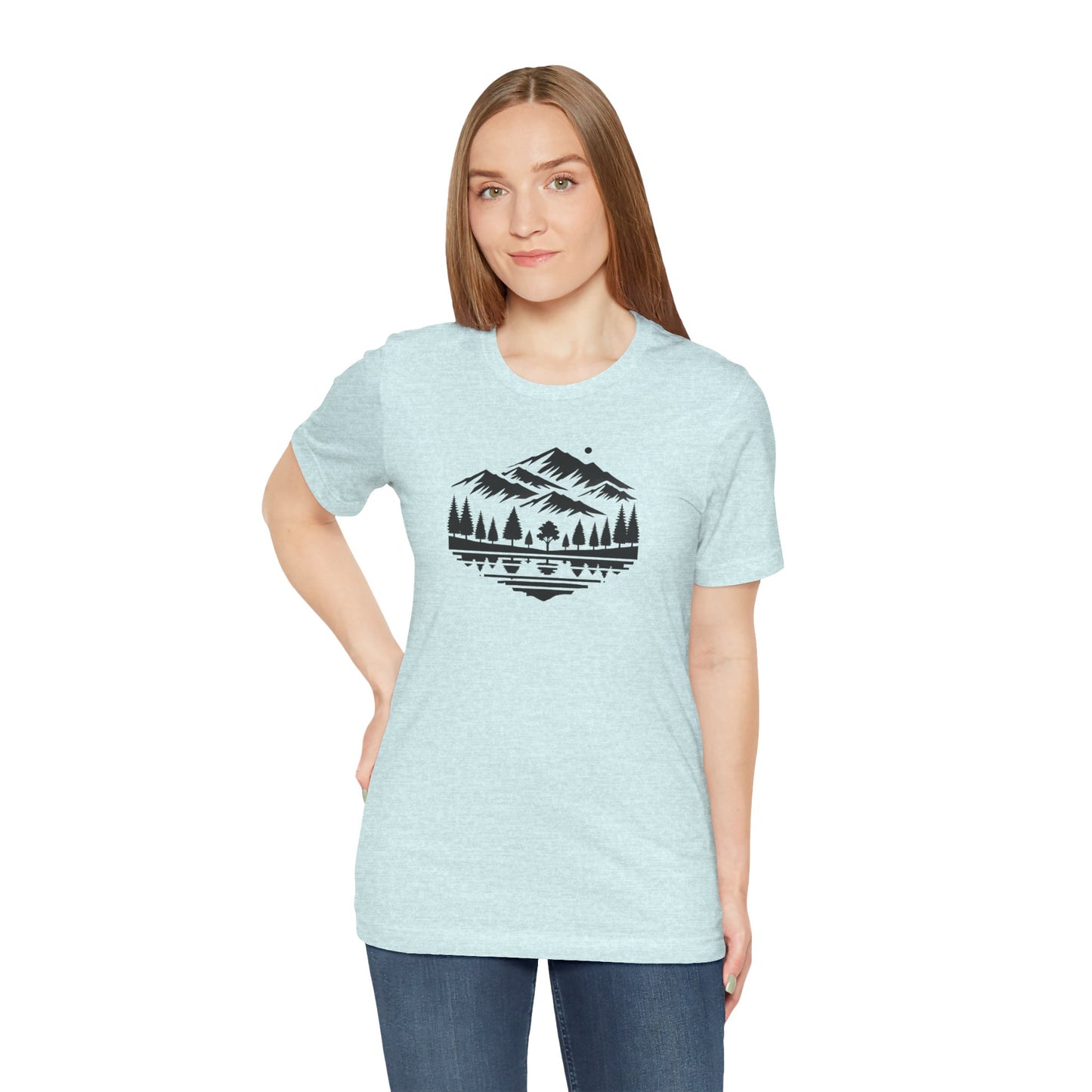 Alpine Reflection Tee | Minimal Mountain Scene with Forest and Lake - Bold Nature Graphic T-Shirt (BC3001)