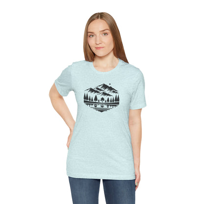 Alpine Reflection Tee | Minimal Mountain Scene with Forest and Lake - Bold Nature Graphic T-Shirt (BC3001)