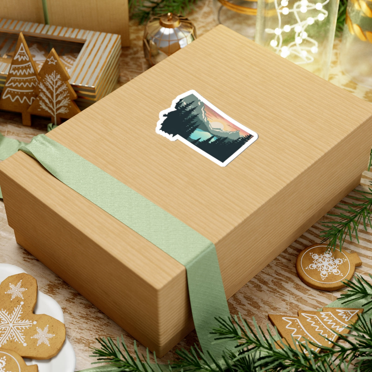 Montana Sunrise Sticker | Scenic Mountain Lake Through Forest Silhouette – Tranquil Wilderness State Vinyl Sticker