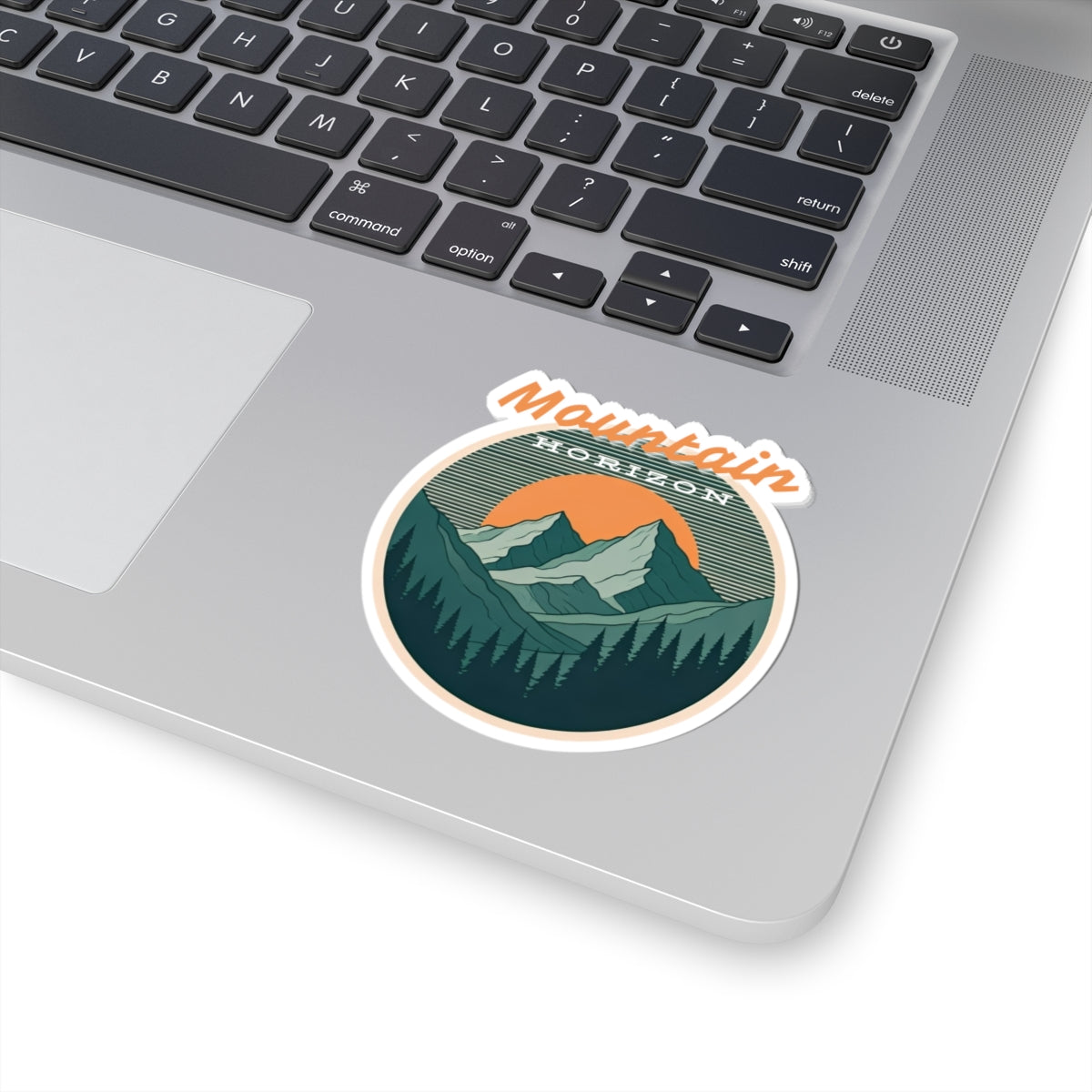 Mountain Horizon Sticker | Retro Sunset Mountain Badge with Tree Line Silhouette – Wilderness Landscape Vinyl Sticker