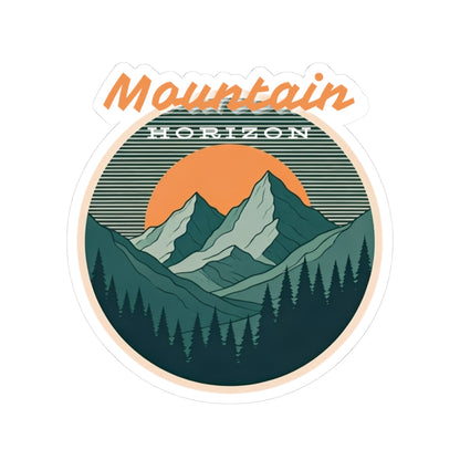 Mountain Horizon Sticker | Retro Sunset Mountain Badge with Tree Line Silhouette – Wilderness Landscape Vinyl Sticker
