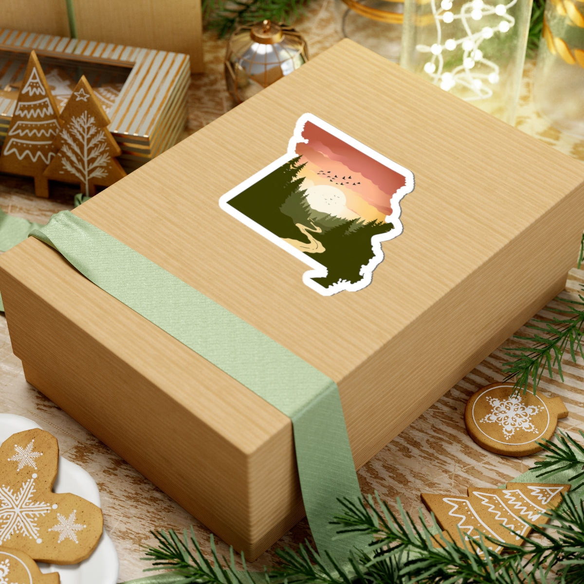 Missouri Wilderness Sticker | Sunrise Trail and Pines in State Silhouette – Ozark Forest Adventure Vinyl Sticker