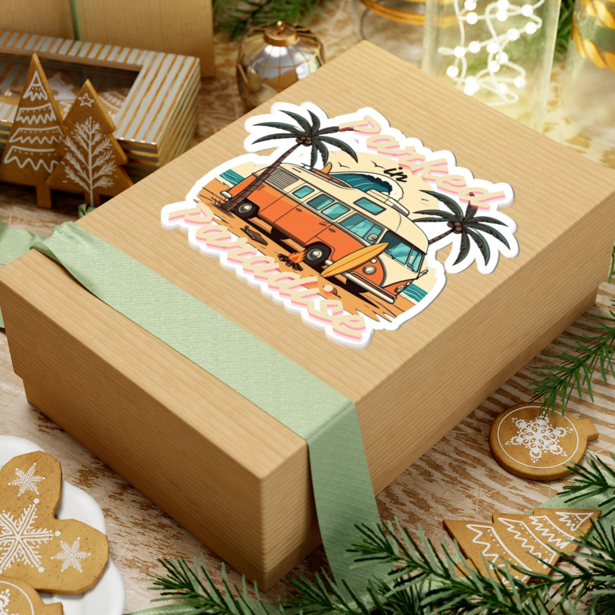 Parked in Paradise Sticker | Retro Camper Van Beach Scene with Palm Trees – Vintage Coastal Adventure Vinyl Sticker