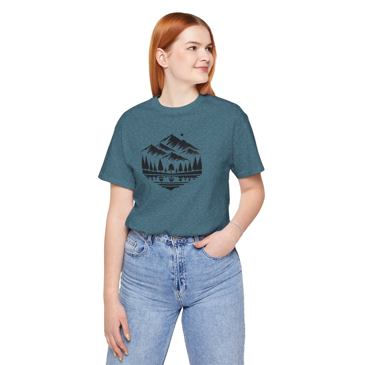 Alpine Reflection Tee | Minimal Mountain Scene with Forest and Lake - Bold Nature Graphic T-Shirt (BC3001)