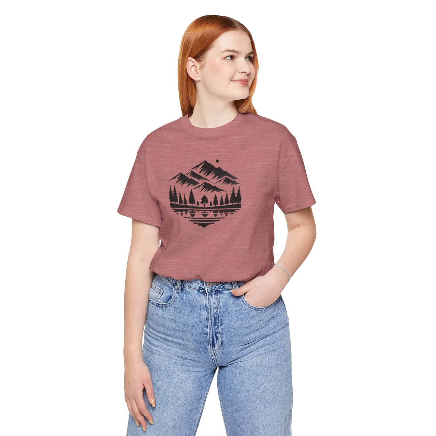 Alpine Reflection Tee | Minimal Mountain Scene with Forest and Lake - Bold Nature Graphic T-Shirt (BC3001)