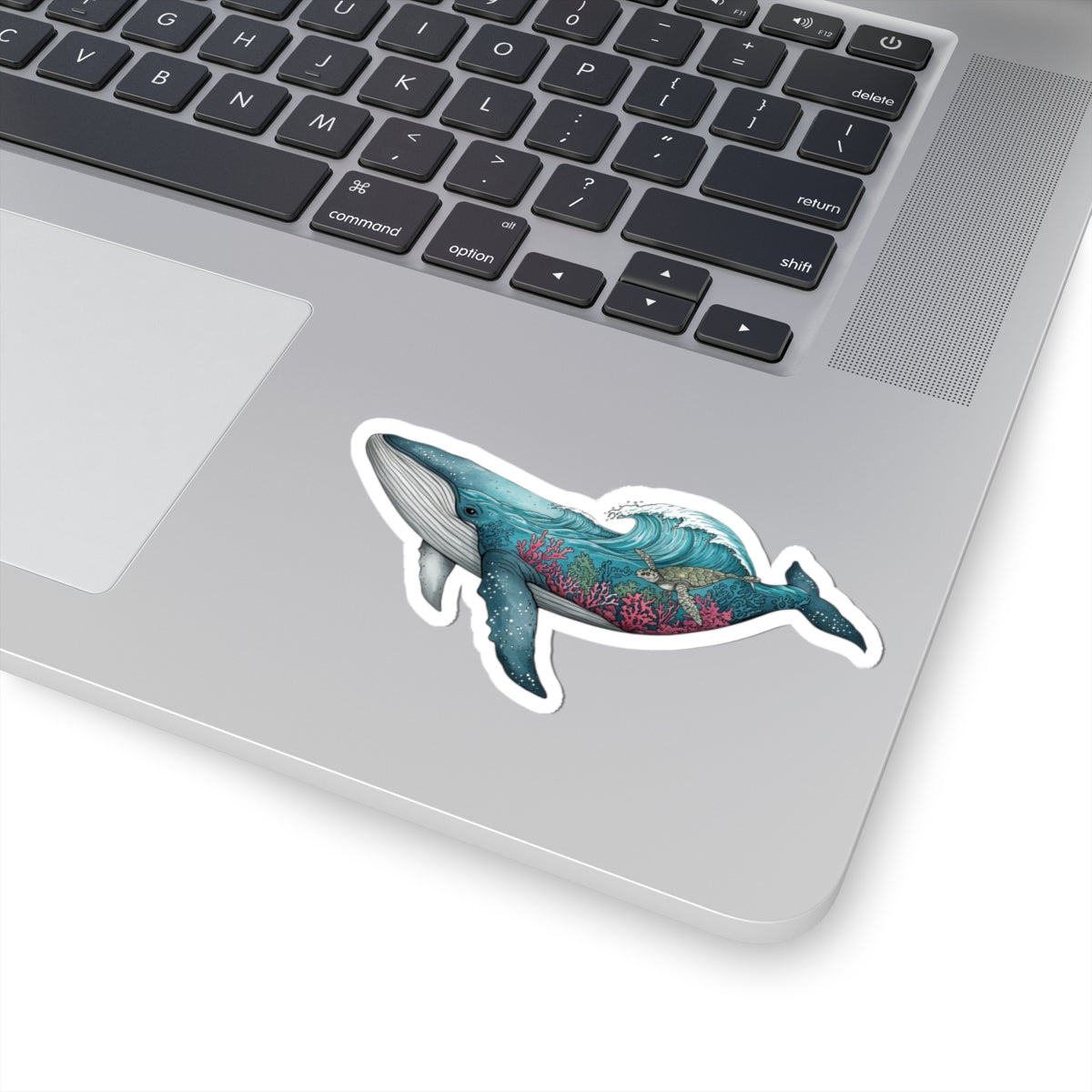 Reef Rider Sticker | Majestic Blue Whale with Coral Reef and Sea Life – Artistic Marine Wildlife Vinyl Sticker