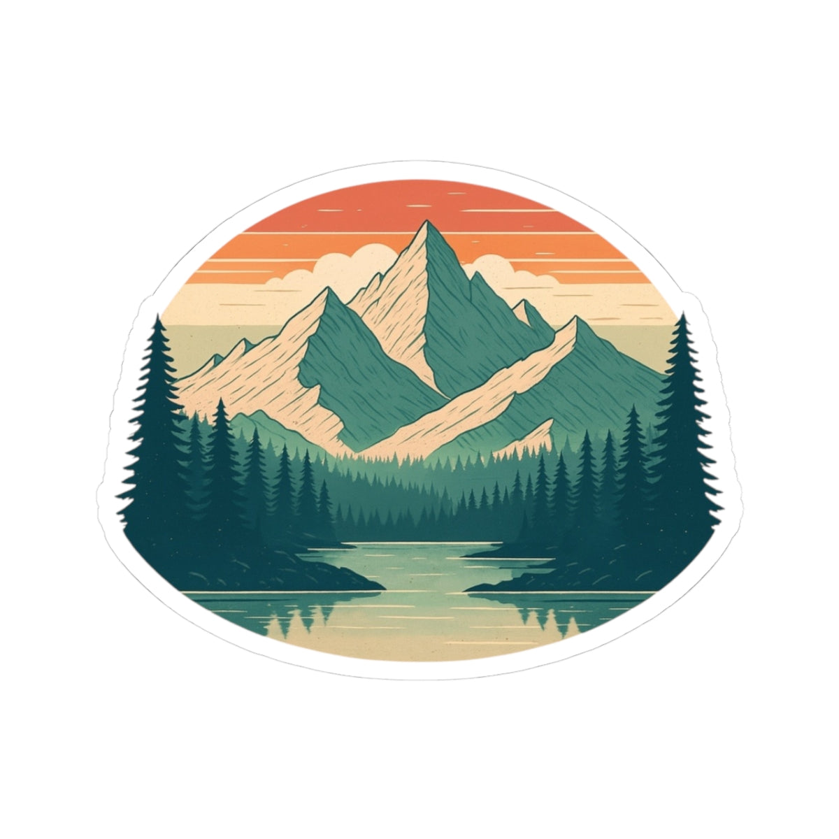 Mountain Echo Sticker | Sunset Peak and Pine Forest Scene – Retro Wilderness Adventure Vinyl Sticker