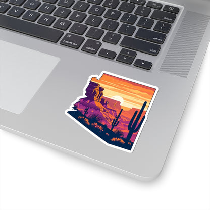Desert Glow Sticker | Arizona State Outline with Cactus Landscape, Red Rocks, and Sunset Sky – Bold Southwest Desert Vinyl Sticker