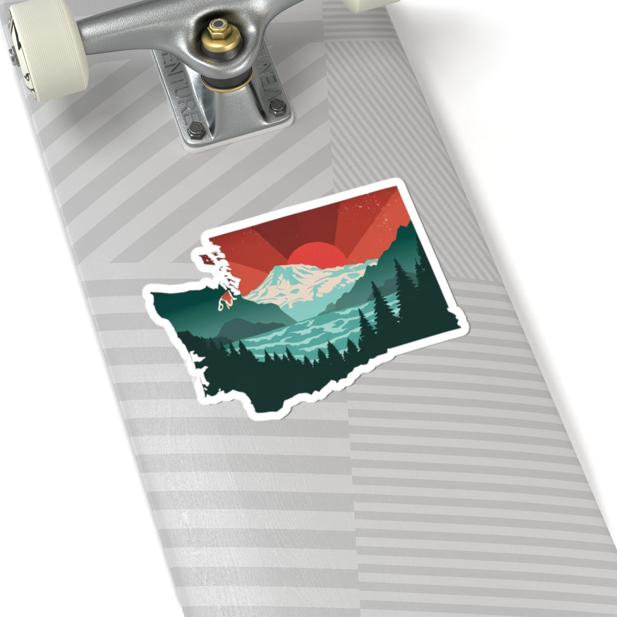 Cascade Sunrise Sticker | Washington State Shape with Mt. Rainier, Pines & Red Sky – Bold PNW Mountain Scene Vinyl Sticker
