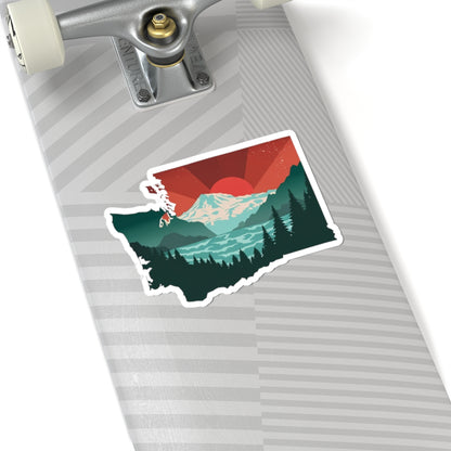 Cascade Sunrise Sticker | Washington State Shape with Mt. Rainier, Pines & Red Sky – Bold PNW Mountain Scene Vinyl Sticker