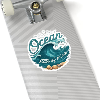 Ocean State of Mind Sticker | Rolling Wave and Seashell Graphic with Coastal Quote – Beach Lover Vinyl Sticker
