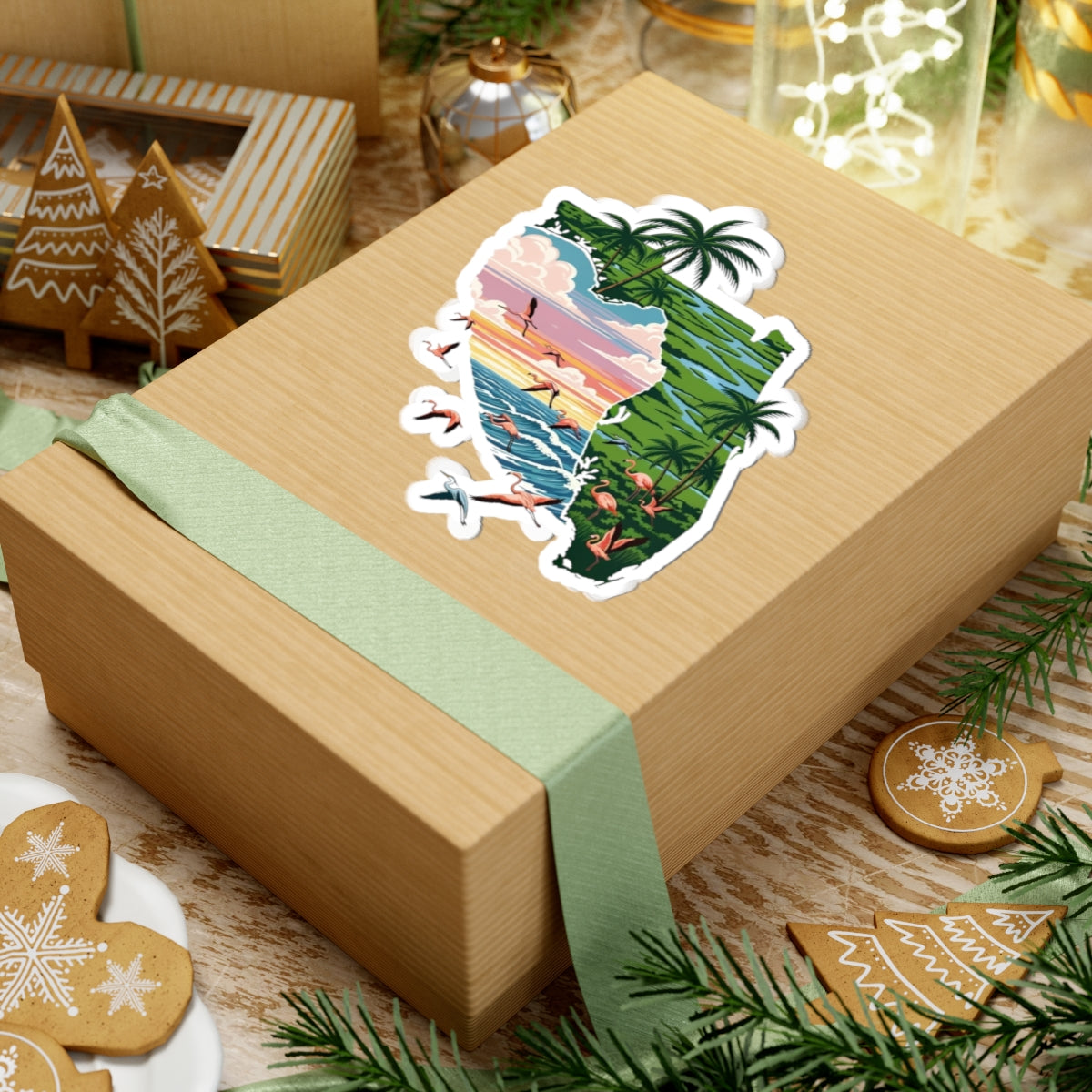 Florida Sunset Sticker | Tropical Coastline Inside Florida State Silhouette – Palm Trees, Flamingos & Ocean Sunset Vinyl Sticker