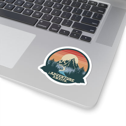 Adventure Awaits Sticker | Retro Mountain Landscape with River and Sunset – Scenic Wilderness Travel Graphic Vinyl Sticker