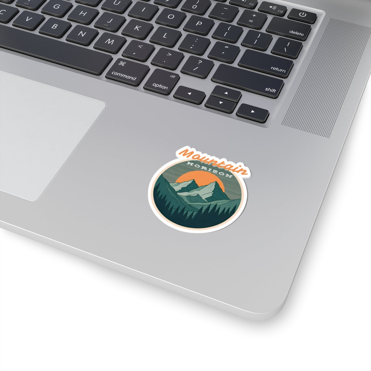 Mountain Horizon Sticker | Retro Sunset Mountain Badge with Tree Line Silhouette – Wilderness Landscape Vinyl Sticker
