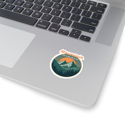 Mountain Horizon Sticker | Retro Sunset Mountain Badge with Tree Line Silhouette – Wilderness Landscape Vinyl Sticker