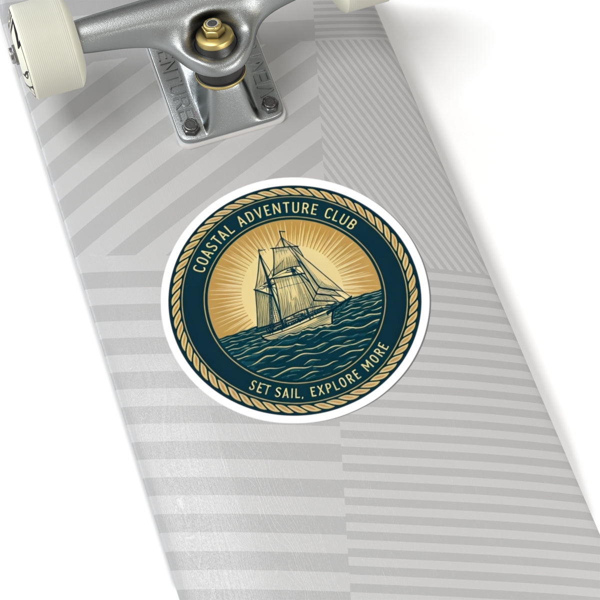 Coastal Adventure Club Sticker | Nautical Sailboat Emblem with Vintage Rope Border – Set Sail & Explore Vinyl Sticker