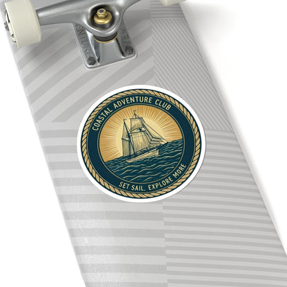 Coastal Adventure Club Sticker | Nautical Sailboat Emblem with Vintage Rope Border – Set Sail & Explore Vinyl Sticker