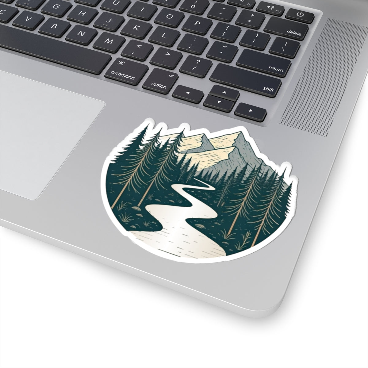 Alpine River Sticker | Winding Stream Through Pines and Peaks – Nature Mountain Scene Vinyl Sticker