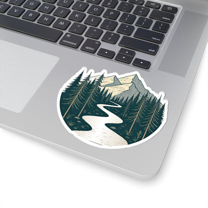 Alpine River Sticker | Winding Stream Through Pines and Peaks – Nature Mountain Scene Vinyl Sticker