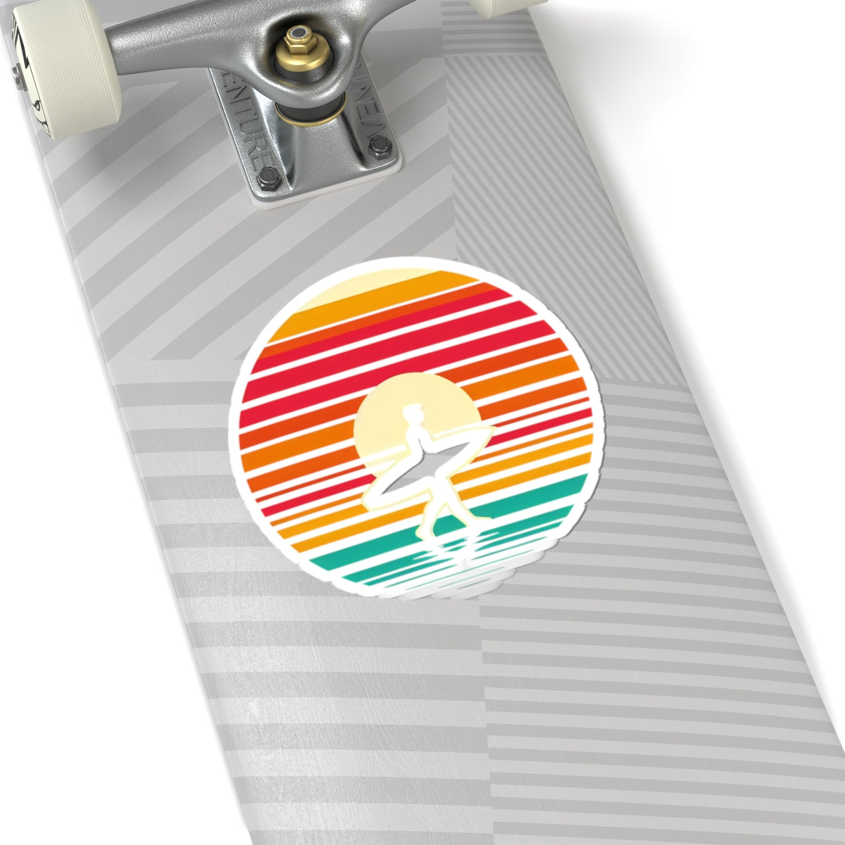Coastal Stride Sticker | Retro Sunset with Surfer Silhouette – Bold Minimalist Beach Walk Graphic Vinyl Sticker