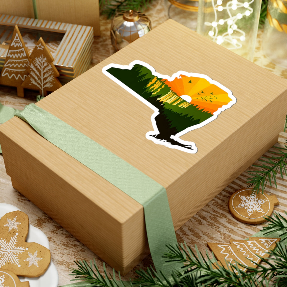 New York Wilderness Sticker | Forest Sunrise in State Silhouette – Upstate Adventure Landscape Vinyl Sticker