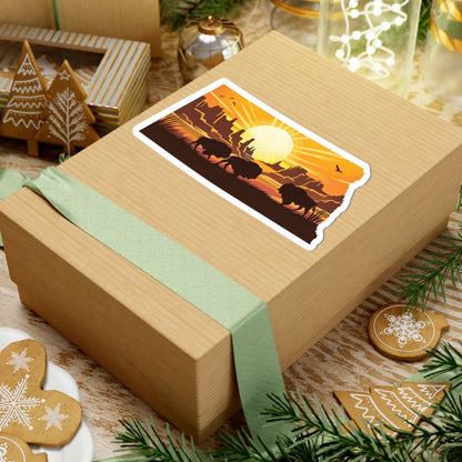 Dakota Sunset Sticker | North Dakota Shape with Bison Herd, Prairie Ridge, and Golden Sun – Bold Western Plains Vinyl Sticker