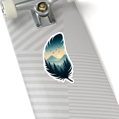 Feather Dusk Sticker | Tranquil Forest and Mountain Scene Inside Feather – Soft Sunset Wilderness Vinyl Sticker