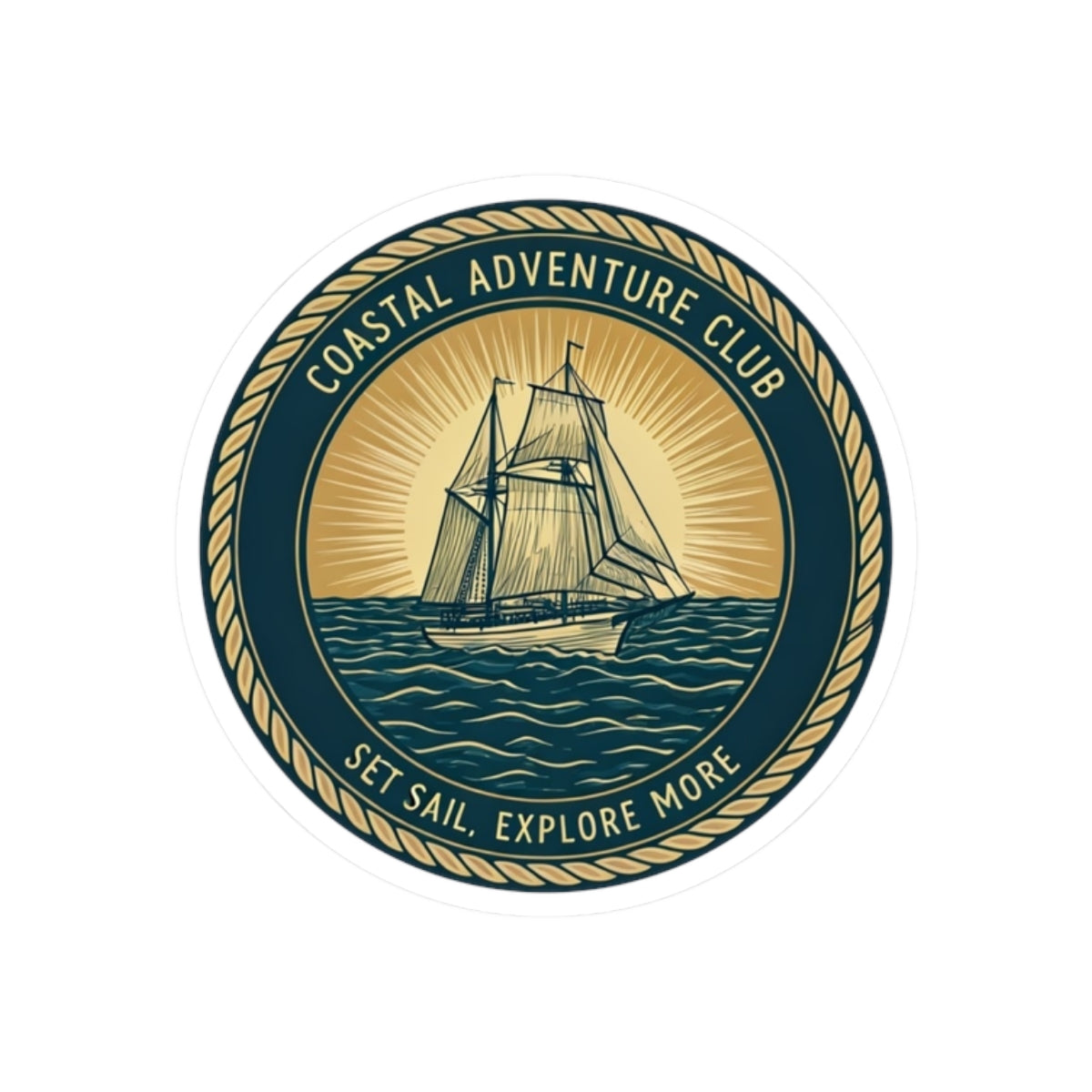 Coastal Adventure Club Sticker | Nautical Sailboat Emblem with Vintage Rope Border – Set Sail & Explore Vinyl Sticker