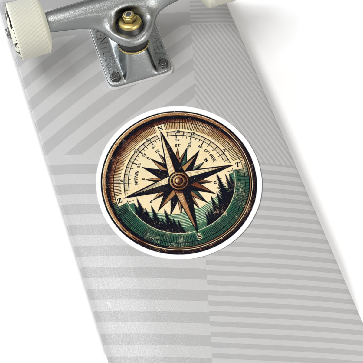 Wander North Sticker | Vintage Compass Rose with Forest Mountains – Adventure Navigation Graphic Vinyl Sticker