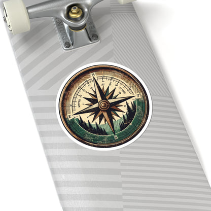 Wander North Sticker | Vintage Compass Rose with Forest Mountains – Adventure Navigation Graphic Vinyl Sticker