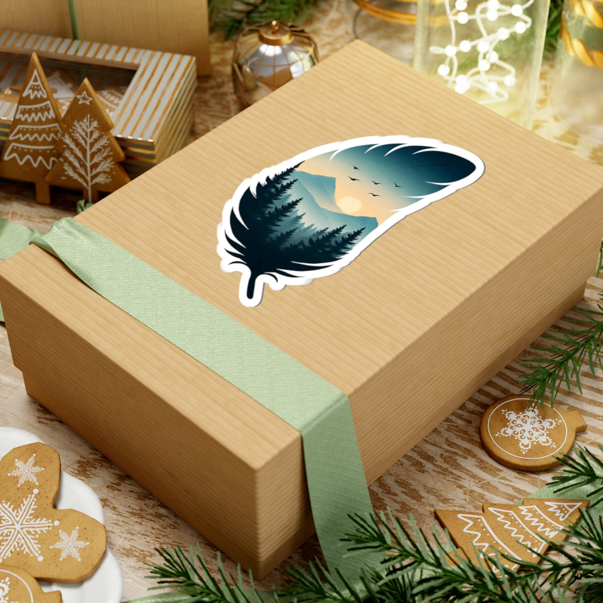 Feather Dusk Sticker | Tranquil Forest and Mountain Scene Inside Feather – Soft Sunset Wilderness Vinyl Sticker