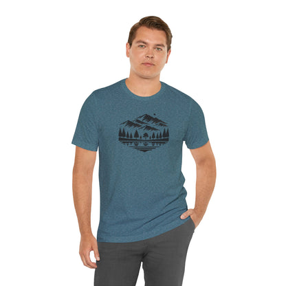Alpine Reflection Tee | Minimal Mountain Scene with Forest and Lake - Bold Nature Graphic T-Shirt (BC3001)