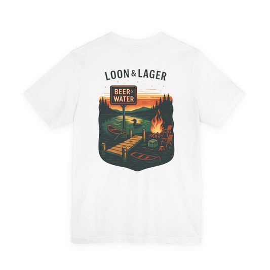 Loon & Lager Tee | Campfire Dock Scene with Canoes, Cooler, and Beer Sign - Playful Northern Lake Night Graphic Back Tee (BC3001)
