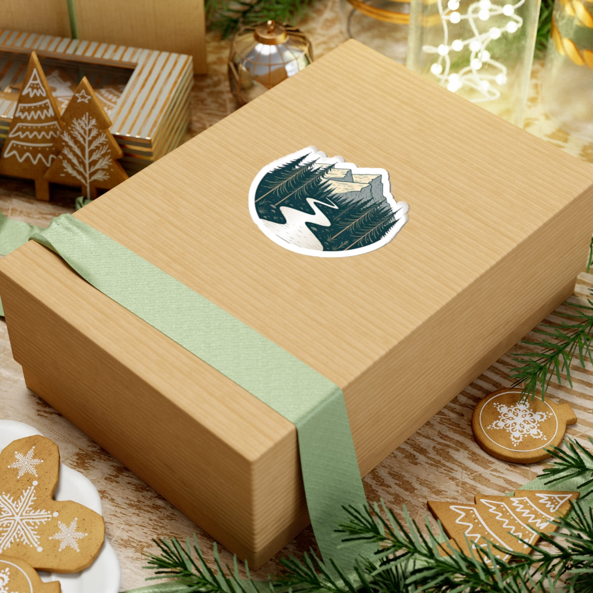 Alpine River Sticker | Winding Stream Through Pines and Peaks – Nature Mountain Scene Vinyl Sticker