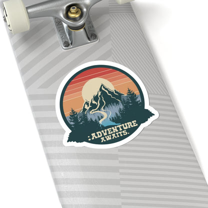 Adventure Awaits Sticker | Retro Mountain Landscape with River and Sunset – Scenic Wilderness Travel Graphic Vinyl Sticker