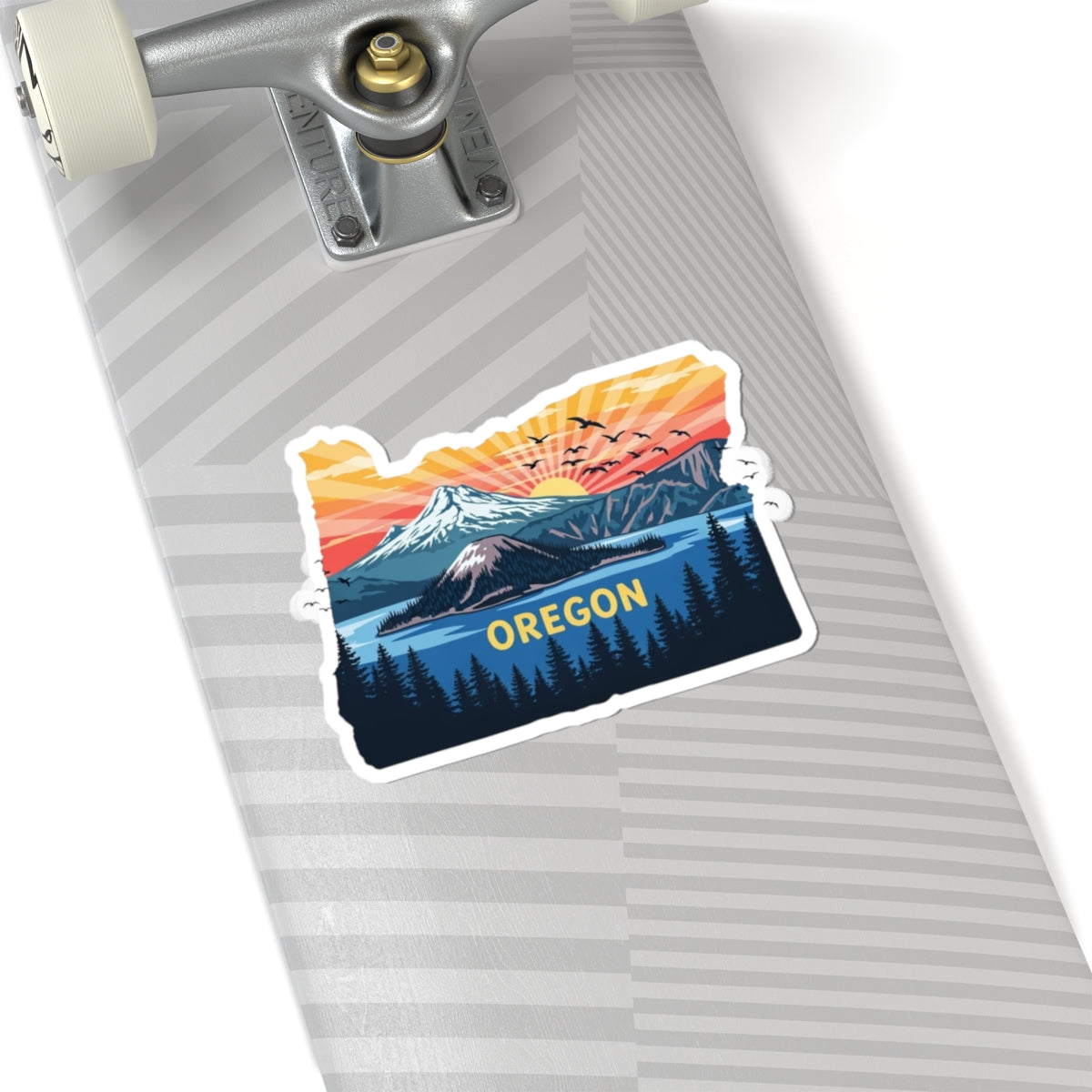Peaks of Oregon Sticker | Oregon State Outline with Mt. Hood, Sunrise Sky, and Pine Forest – Vibrant PNW Wilderness Vinyl Sticker