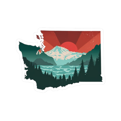 Cascade Sunrise Sticker | Washington State Shape with Mt. Rainier, Pines & Red Sky – Bold PNW Mountain Scene Vinyl Sticker