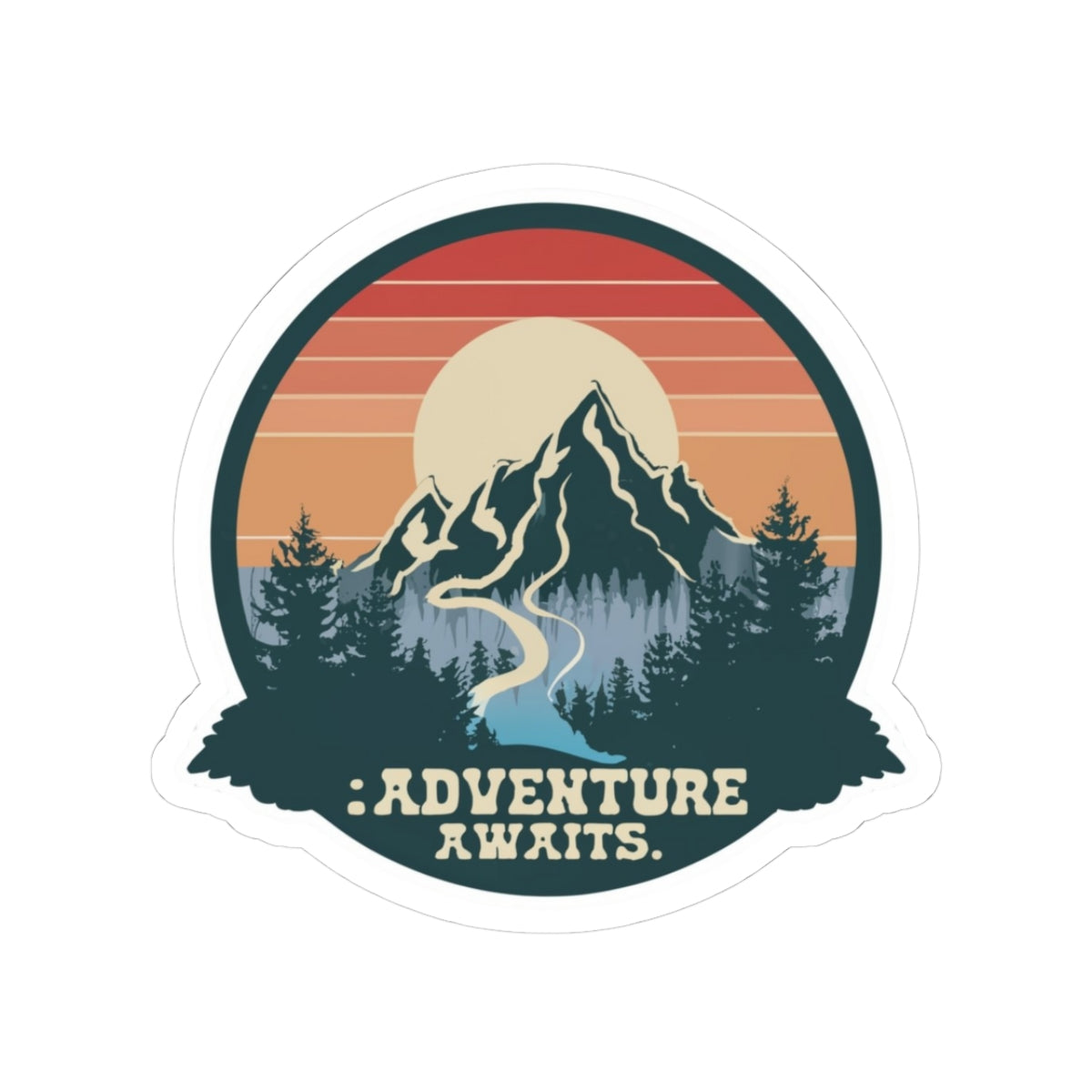 Adventure Awaits Sticker | Retro Mountain Landscape with River and Sunset – Scenic Wilderness Travel Graphic Vinyl Sticker