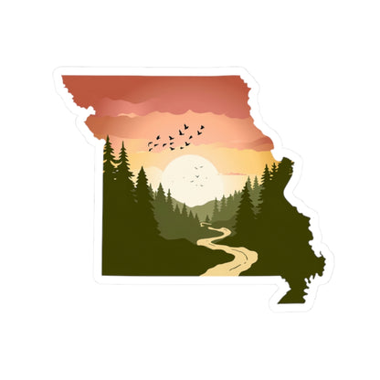 Missouri Wilderness Sticker | Sunrise Trail and Pines in State Silhouette – Ozark Forest Adventure Vinyl Sticker