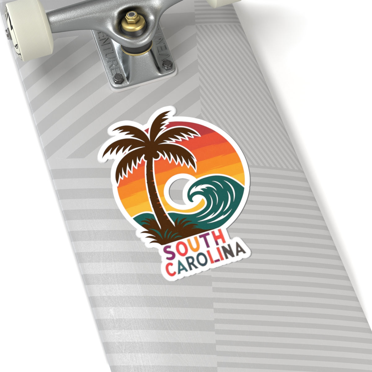 South Carolina Surf Wave Sticker | Retro Palmetto Tree and Sunset Wave Badge – Coastal Carolina Vinyl Sticker
