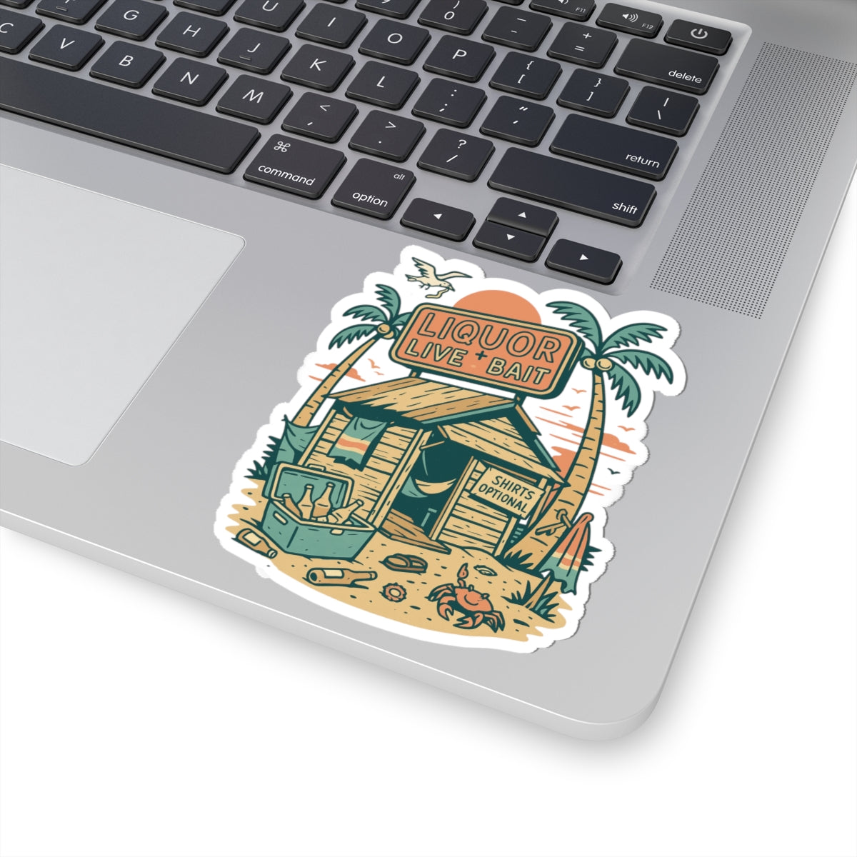Beach Bait Shack Sticker | Retro Tropical Shack with Neon Sign, Palm Trees, and Cooler – Humorous Coastal Party Graphic Vinyl Sticker
