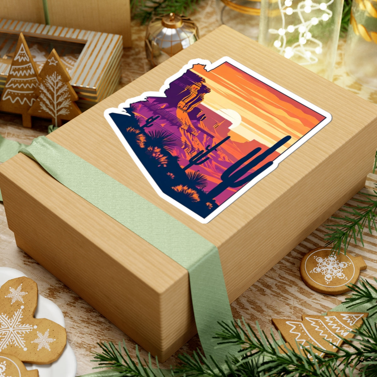 Desert Glow Sticker | Arizona State Outline with Cactus Landscape, Red Rocks, and Sunset Sky – Bold Southwest Desert Vinyl Sticker