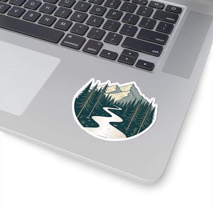 Alpine River Sticker | Winding Stream Through Pines and Peaks – Nature Mountain Scene Vinyl Sticker