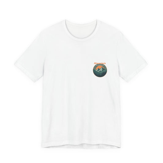 Mountain Horizon Tee | Bold Wilderness Scene with Sunset Peaks and Pine Reflection - Adventure Graphic Shirt (BC3001)