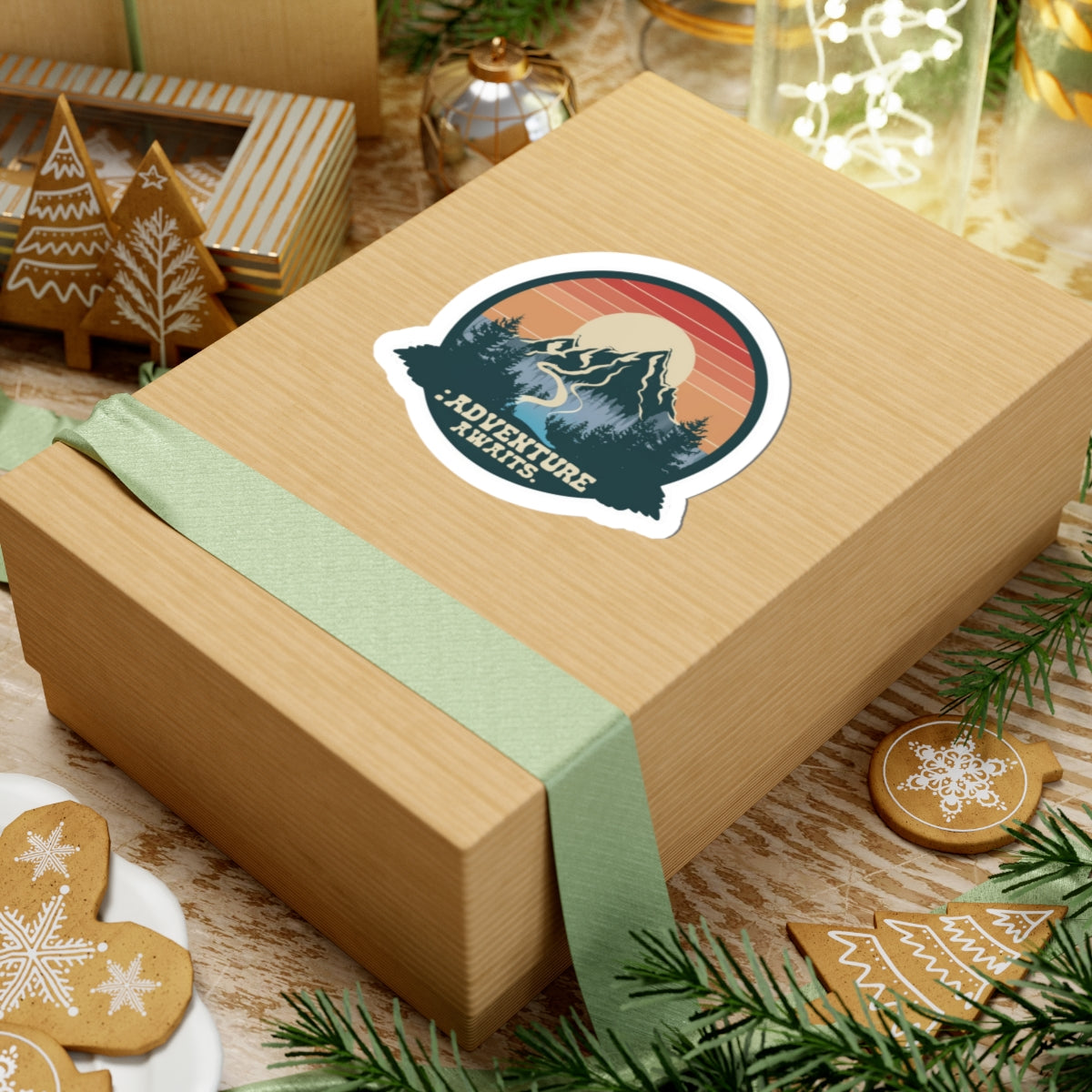 Adventure Awaits Sticker | Retro Mountain Landscape with River and Sunset - Scenic Wilderness Travel Graphic Vinyl Sticker
