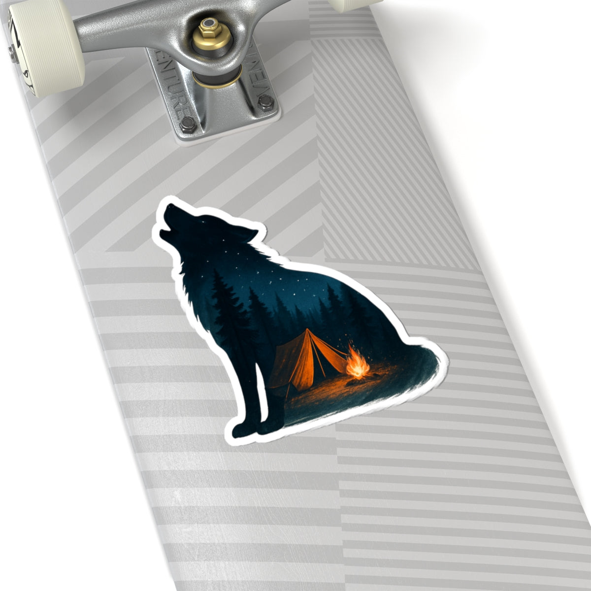 Moonlit Howl Sticker | Campfire and Tent Scene Inside Wolf Silhouette – Night Forest Adventure Vinyl Sticker