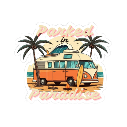 Parked in Paradise Sticker | Retro Camper Van Beach Scene with Palm Trees – Vintage Coastal Adventure Vinyl Sticker