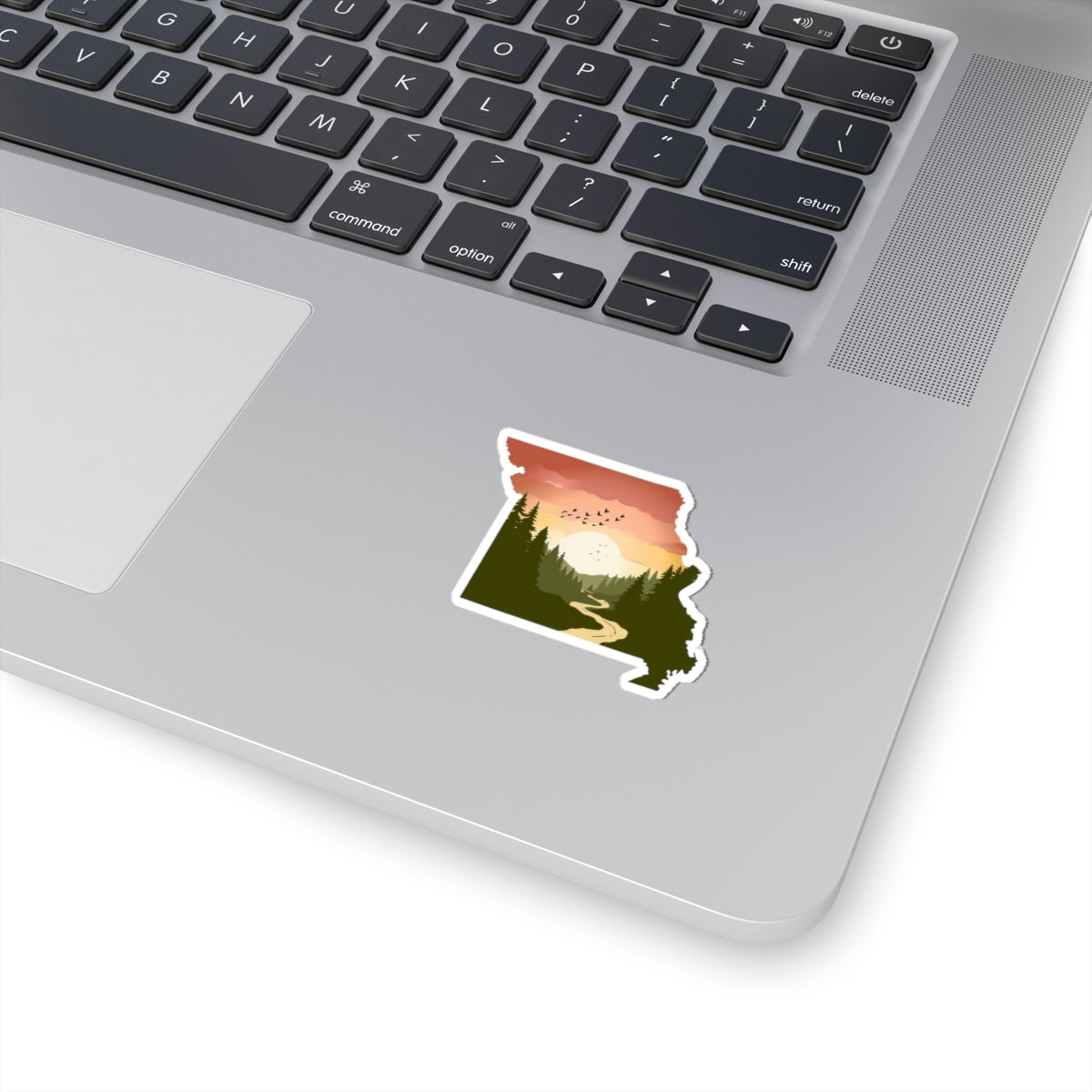 Missouri Wilderness Sticker | Sunrise Trail and Pines in State Silhouette – Ozark Forest Adventure Vinyl Sticker
