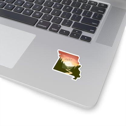 Missouri Wilderness Sticker | Sunrise Trail and Pines in State Silhouette – Ozark Forest Adventure Vinyl Sticker