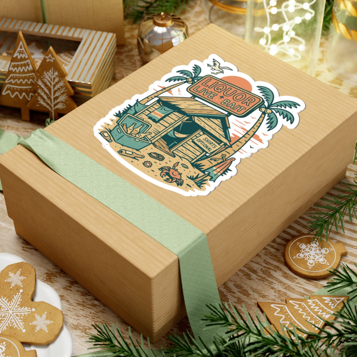 Beach Bait Shack Sticker | Retro Tropical Shack with Neon Sign, Palm Trees, and Cooler - Humorous Coastal Party Graphic Vinyl Sticker